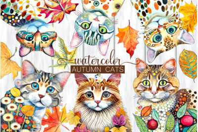 Autumn Cats - Watercolor Clipart Objects