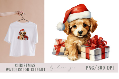 Watercolor Christmas puppy dog with gift boxes clipart-1 png