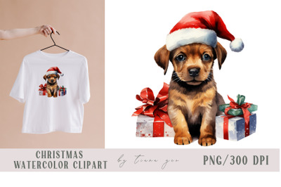 Watercolor Christmas puppy dog with gift boxes clipart-1 png