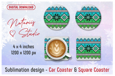 Christmas Knitted Pattern. Coaster Sublimation Template.
