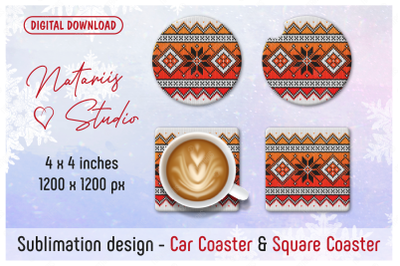 Christmas Knitted Pattern. Coaster Sublimation Template.