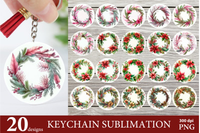 Watercolor Wreath Bundle. Christmas Round Keychain Sublimation PNG