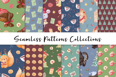 Cute Christmas Animals. Seamless patterns digital paper