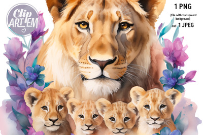 Mother Lioness with 4 Baby Cubs Watercolor Flowers Image PNG Transfer