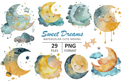 Sweet Dreams watercolor cute moons