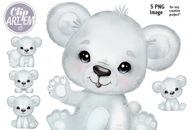 Cute Baby Polar Bear Cub 5 PNG Images Set  Kids Decor, Sublimation