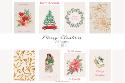 20 Merry Christmas Posters Modern Watercolor Clipart in jpeg