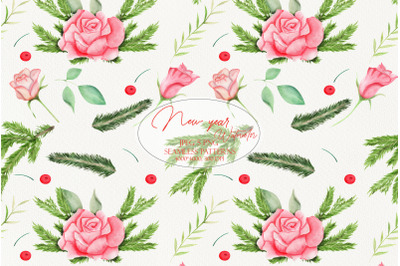 New year, Christmas watercolor bouquet of roses seamless pattern
