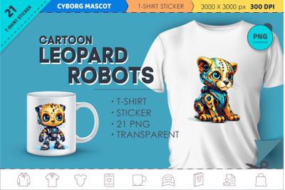 Cartoon leopard robots. T-Shirt, Sticker.