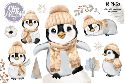 Gender Neutral Baby Penguins with Winter Hat and Scarf 18 PNG Set