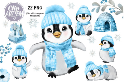 Baby Boy Penguins Watercolor Winter Bundle, 22 PNG Clip Art Set