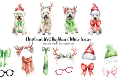 Watercolor Christmas west highland white terrier clipart. Xmas set