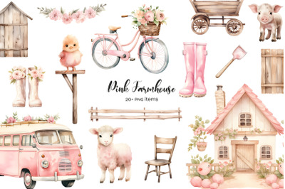 Watercolor pink farmhouse elements clipart. Pink village life elements