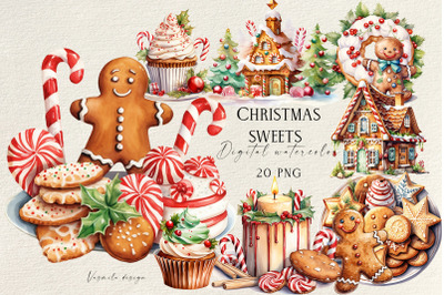 Christmas Holiday Dessert, Watercolor Festive Cookie Clipart