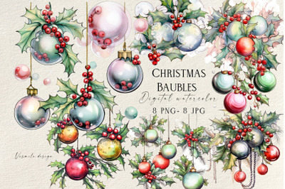 Christmas Baubles PNG, Christmas Holly and Baubles Clipart