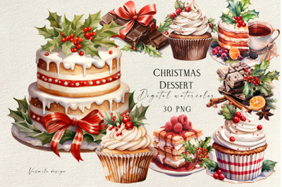 Christmas Sweet Dessert Clipart, Watercolor Holiday Cakes