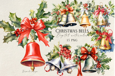 Watercolor Christmas Bells Clipart  PNG