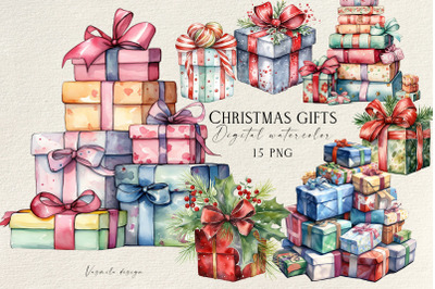 Watercolor Christmas Gifts PNG, Christmas Present Clipart