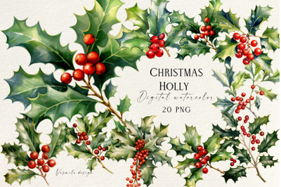Christmas Holly Watercolor Clipart&2C; Watercolour Holly with Berries