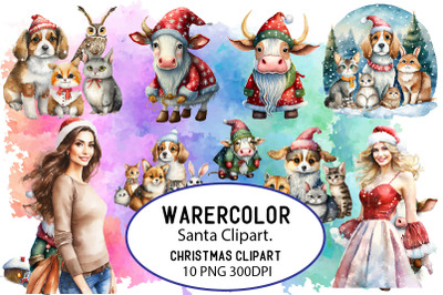 Watercolor Santa Clipart Bundle&2C;Decoration Pattern Svg Design Cartoon&2C;