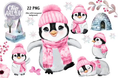 Cute Girl Penguin in Pink Winter Hat and Scarf 22 PNG Images Set