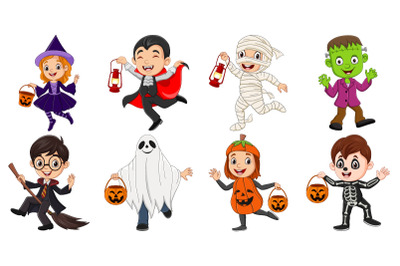 Set of Eight Cartoon Halloween Children Character