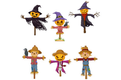 Set of Six Cartoon Halloween Scarecrow