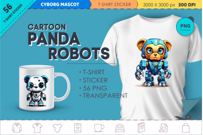 Cartoon panda robots. T-Shirt, Sticker.