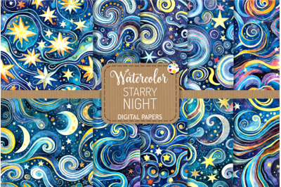 Starry Night - Watercolor Swirly Sky Background