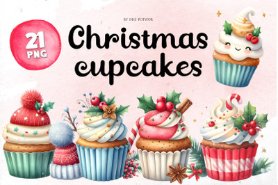Cute Watercolor Christmas Cupcakes Bundle | PNG cliparts