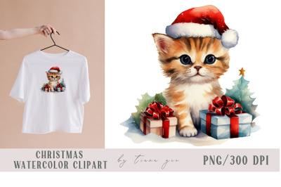 Watercolor Christmas cat with gift boxes clipart- 1 png file