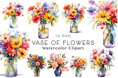 Watercolor Vase of Flowers Clipart Bundle