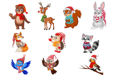 Set of Ten Forest Animal Winter Cartoon