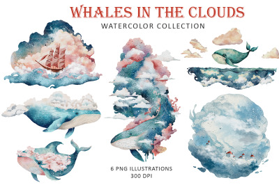 Whales in the Clouds watercolor illustrations