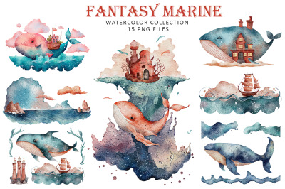 Fantasy Marine Life watercolor&nbsp;hand drawn illustrations
