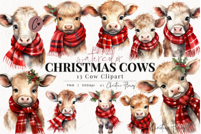 Watercolor Christmas Cow Clipart