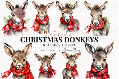 Watercolor Christmas Donkey Clipart