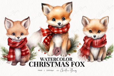 Watercolor Christmas Fox Clipart