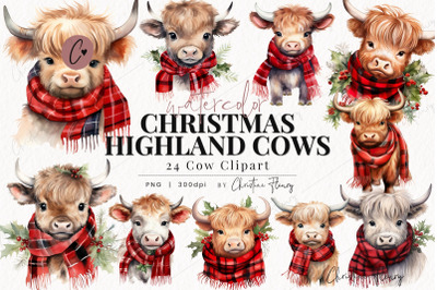 Watercolor Christmas Highland Cow PNG
