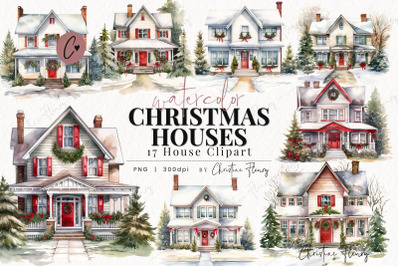 Watercolor Christmas Houses Clipart