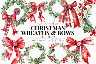 Watercolor Christmas Wreaths &amp;amp; Bows PNG