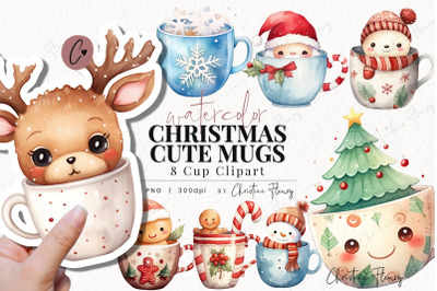 Watercolor Cute Christmas Mugs Clipart