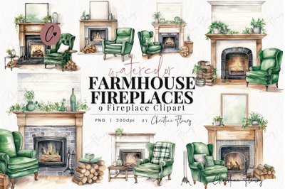 Watercolor Farmhouse Fireplace Clipart