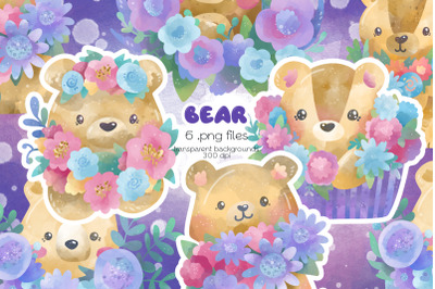Bear with Flowers Clipart - PNG Files