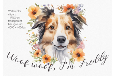 Border Collie with Flowers. Watercolor Clipart