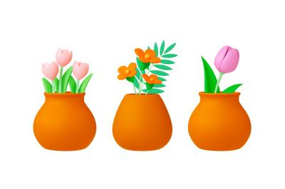 Spring flowers 3d bouquets in pots or clay vases. Plasticine flower, p