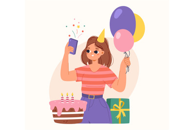 Young girl going birthday party selfie. Cute student, alone happy teen