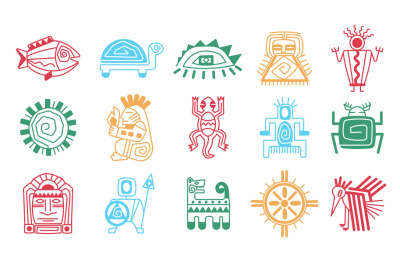 Maya aztec totem isolated symbols. Mexican signs&2C; sun&2C; turtle&2C; tiki he