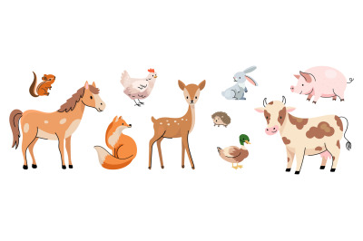 Farm and forest animal characters. Farmed animals, cow horse and pig.