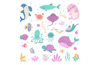 Aquatic sea life characters. Cartoon ocean animals, funny aquarium cre